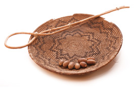 Coiled acorn sifting tray. Split willow (warp) and redbud (weft). Looped wooden stick (ladle); used in cooking of acorn soup